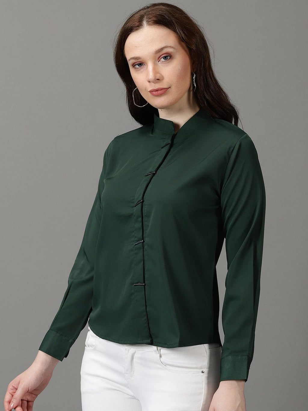 Women's Green High Neck Cuffed Sleeves Shirt Style Top