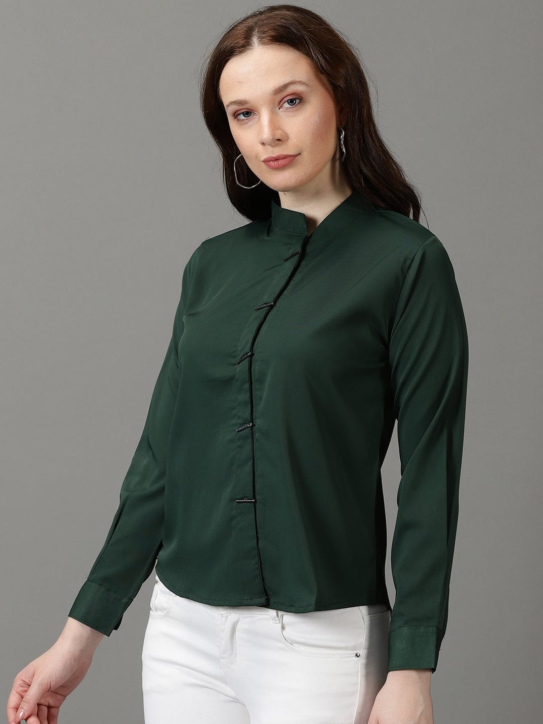 Women's Green High Neck Cuffed Sleeves Shirt Style Top