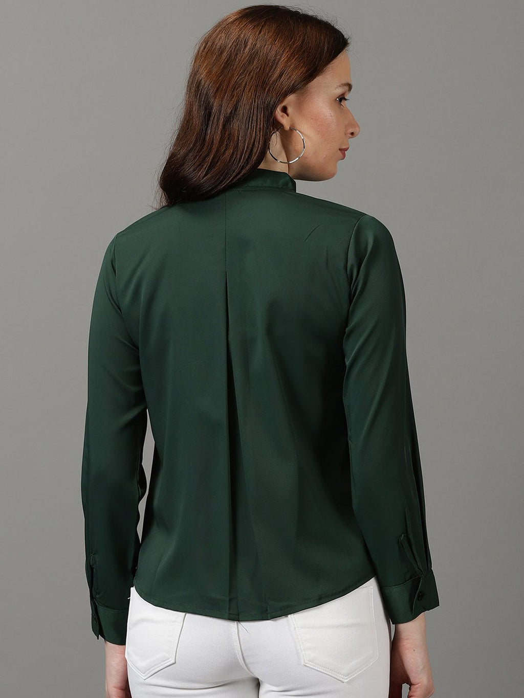 Women's Green High Neck Cuffed Sleeves Shirt Style Top