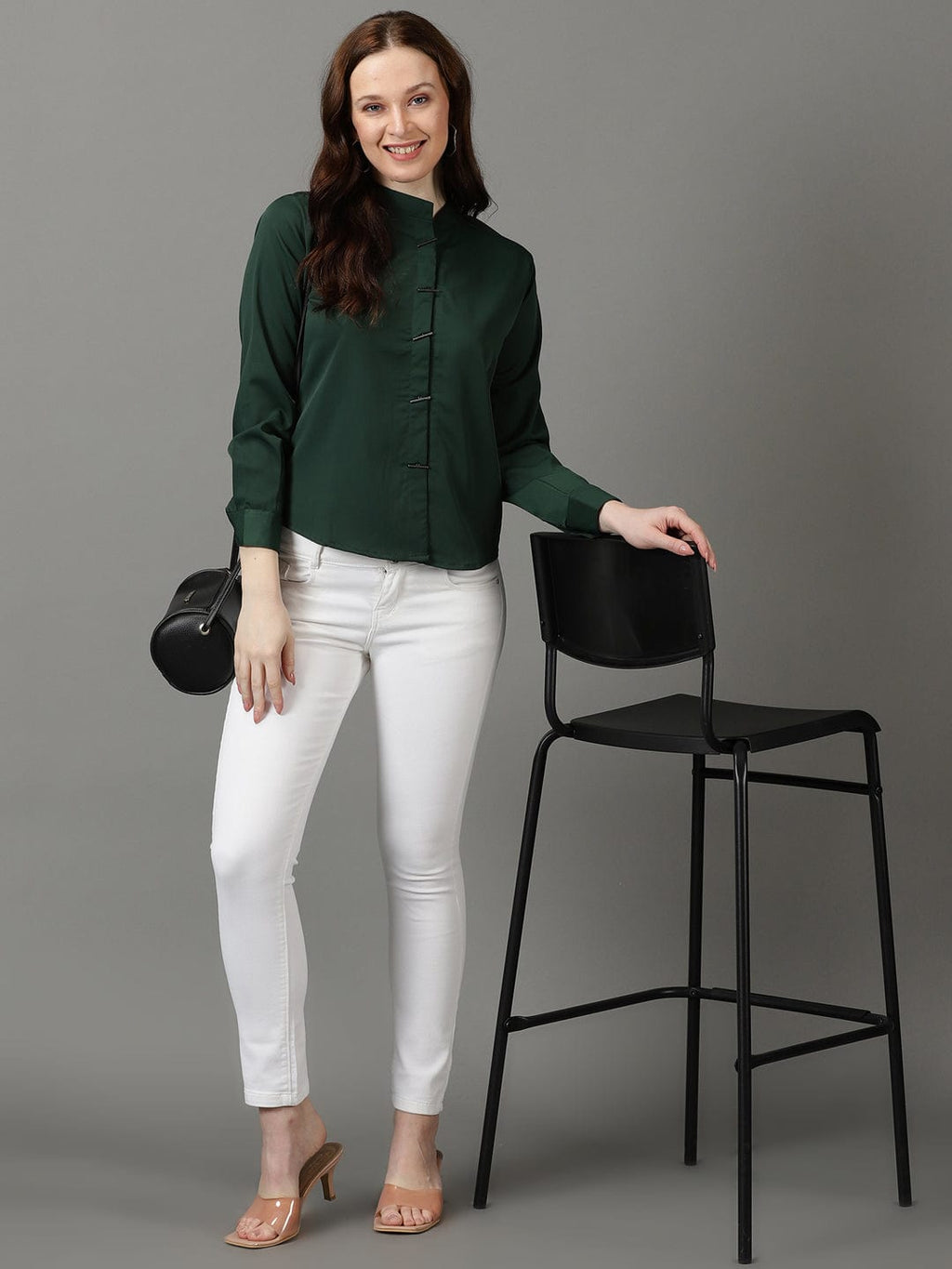 Women's Green High Neck Cuffed Sleeves Shirt Style Top