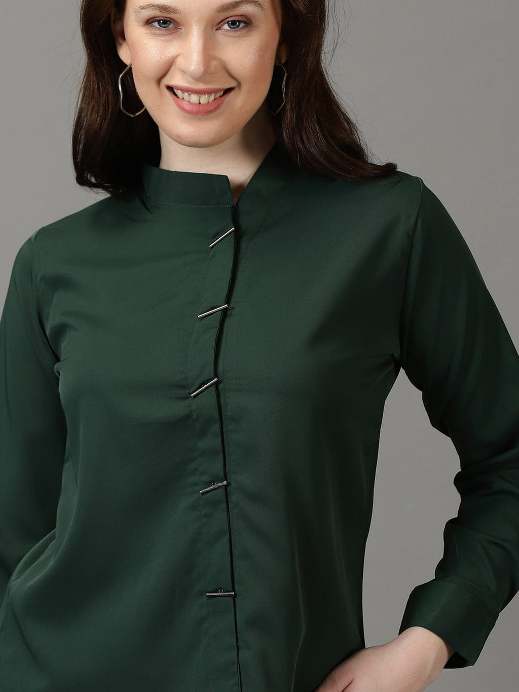 Women's Green High Neck Cuffed Sleeves Shirt Style Top