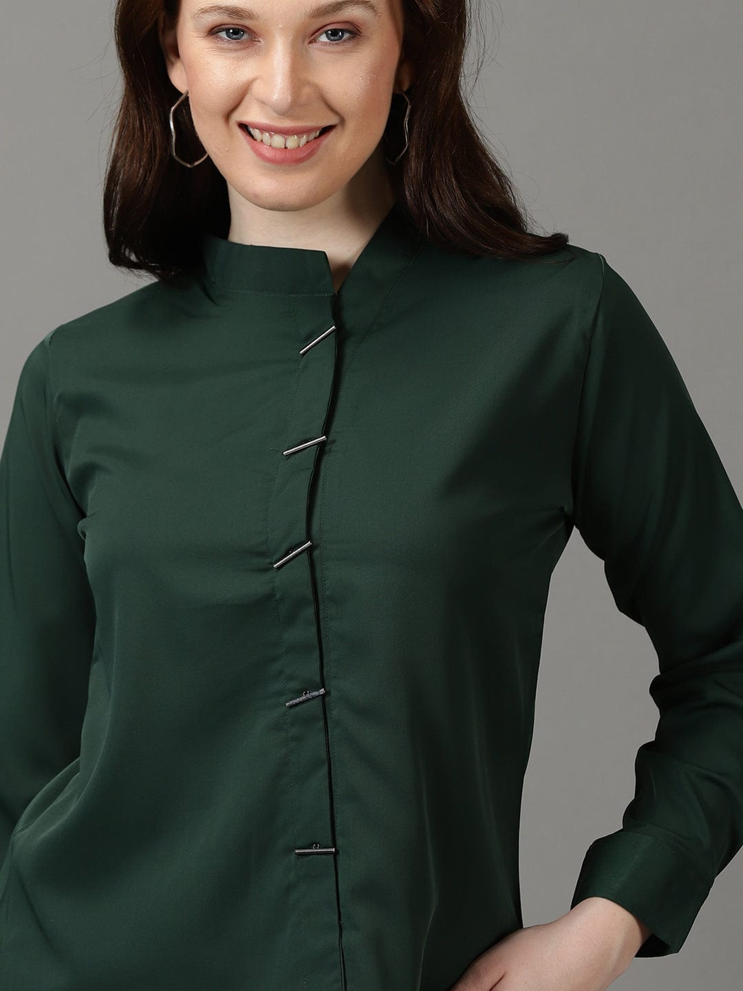 Women's Green High Neck Cuffed Sleeves Shirt Style Top