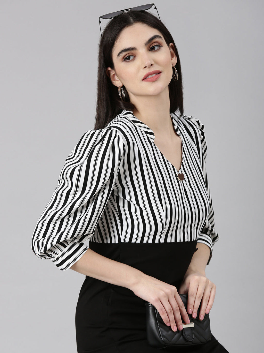 Women's Black Striped Mandarin Collar Cuffed Sleeves Crepe Midi Sheath Dress