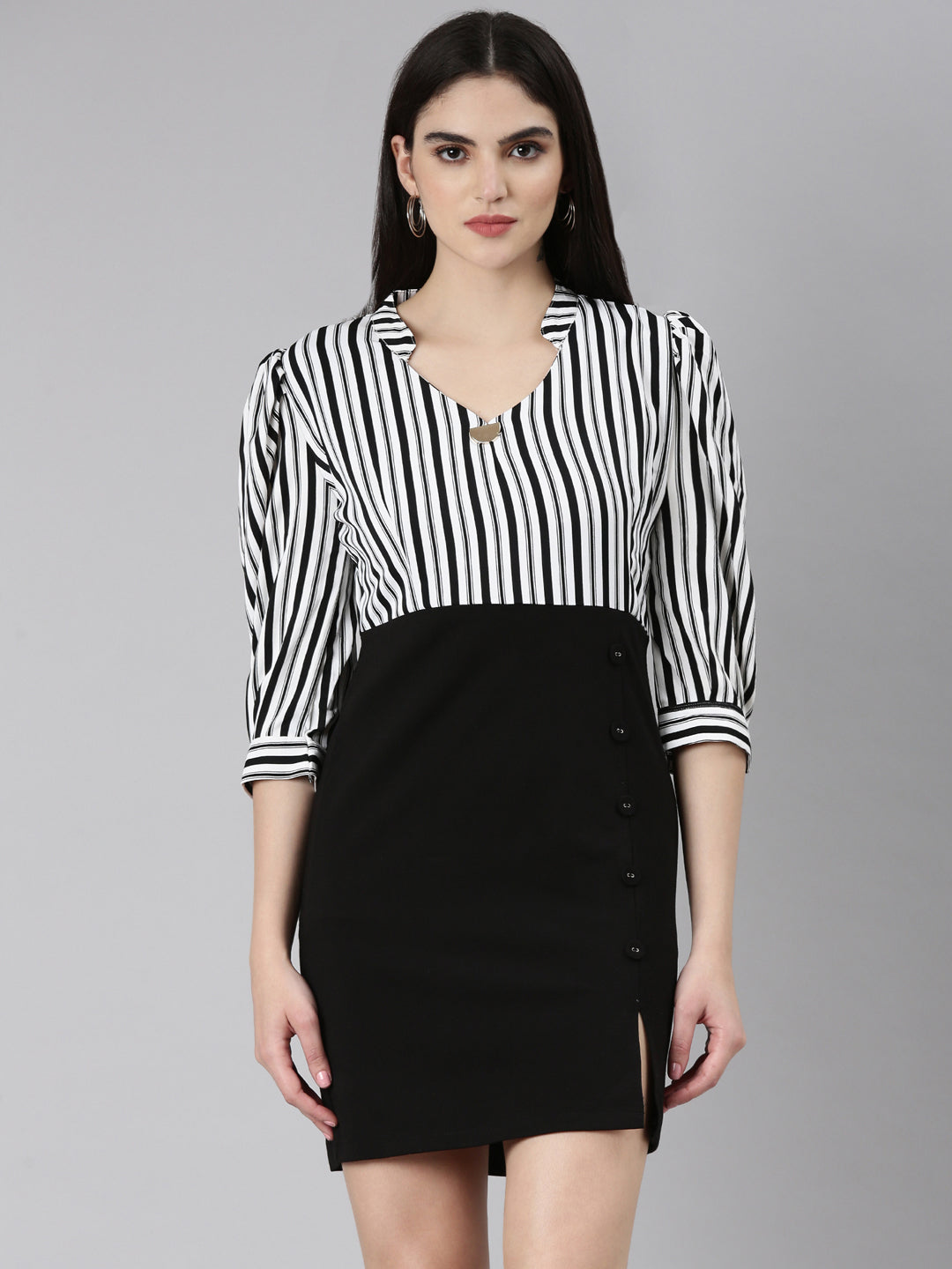 Women's Black Striped Mandarin Collar Cuffed Sleeves Crepe Midi Sheath Dress