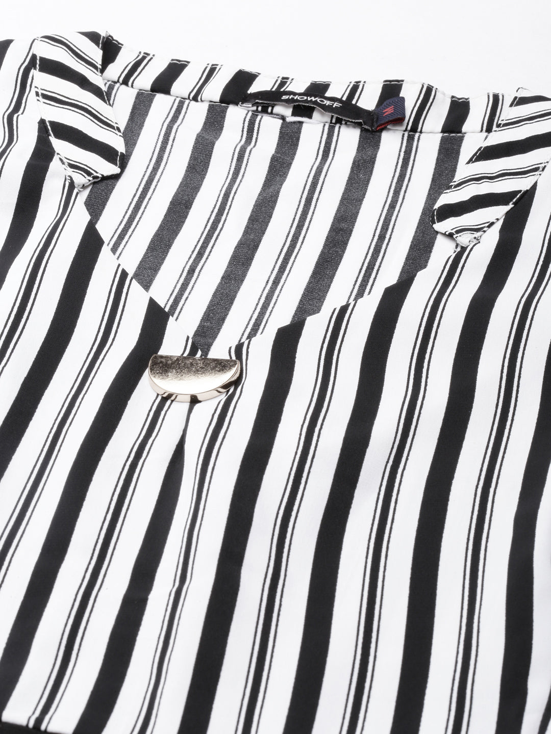 Women's Black Striped Mandarin Collar Cuffed Sleeves Crepe Midi Sheath Dress