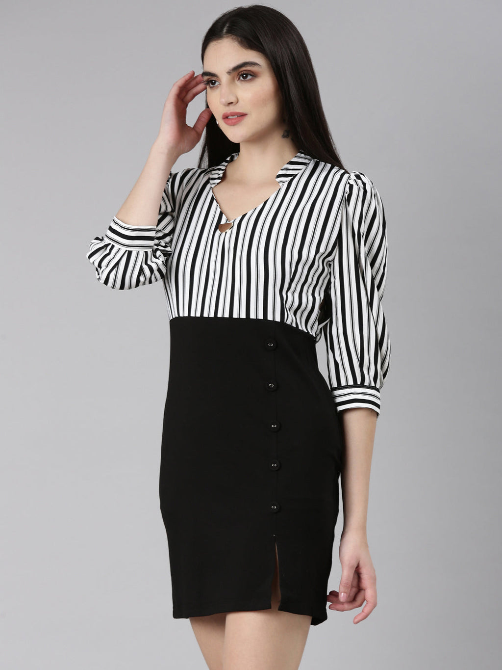 Women's Black Striped Mandarin Collar Cuffed Sleeves Crepe Midi Sheath Dress