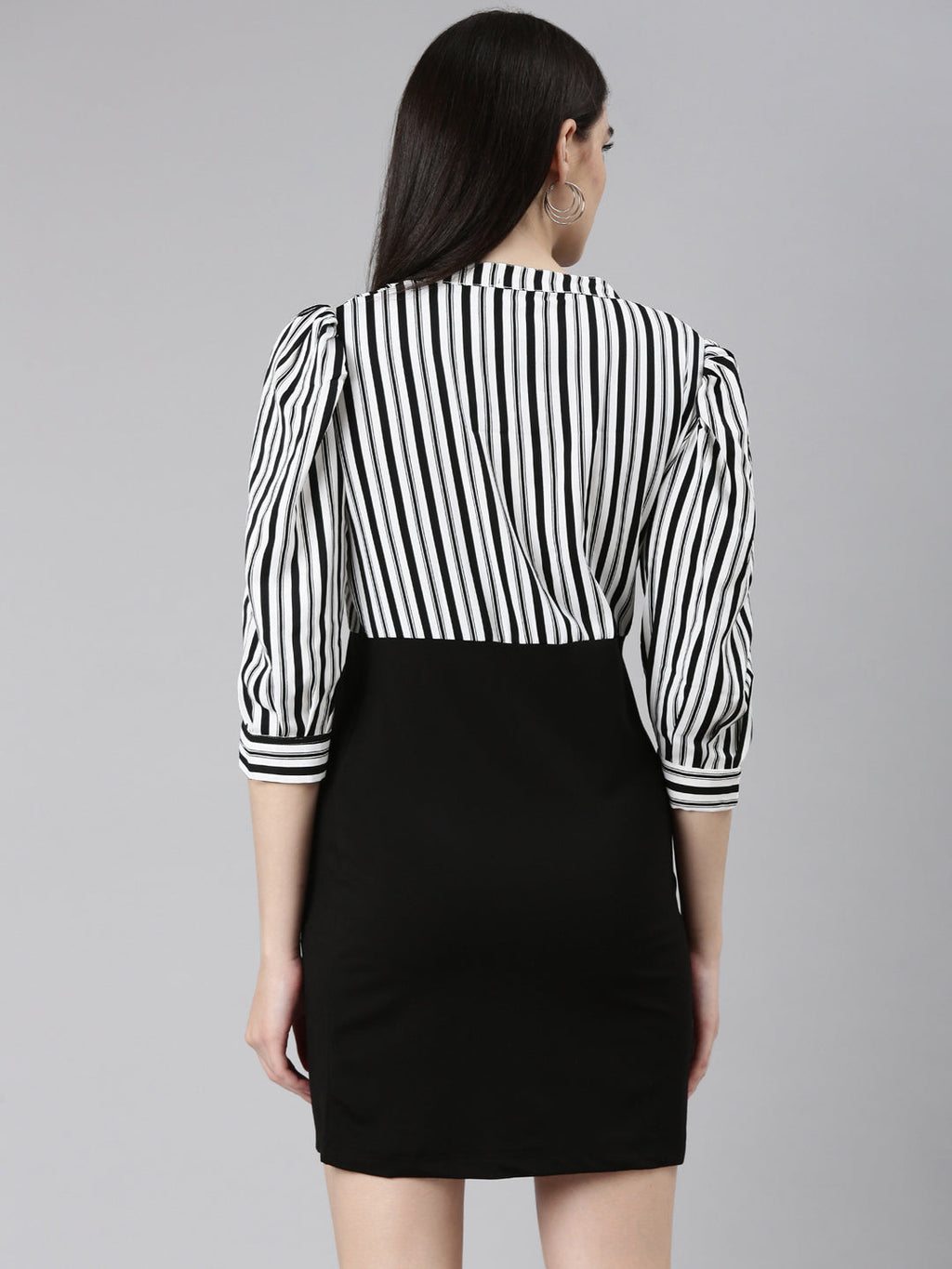 Women's Black Striped Mandarin Collar Cuffed Sleeves Crepe Midi Sheath Dress