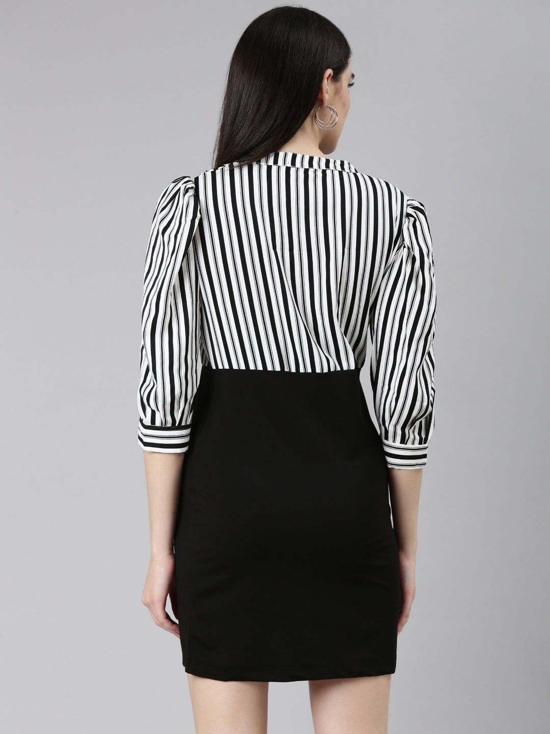 Women's Black Striped Mandarin Collar Cuffed Sleeves Crepe Midi Sheath Dress