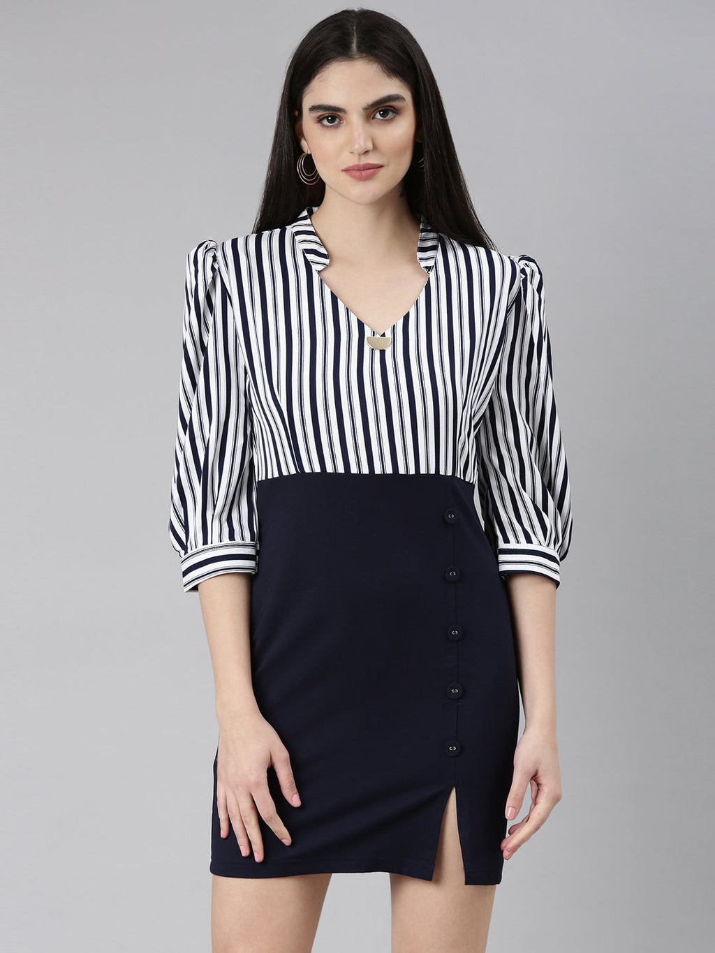 Women's Navy Blue Striped Mandarin Collar Puff Sleeves Sheath Dress