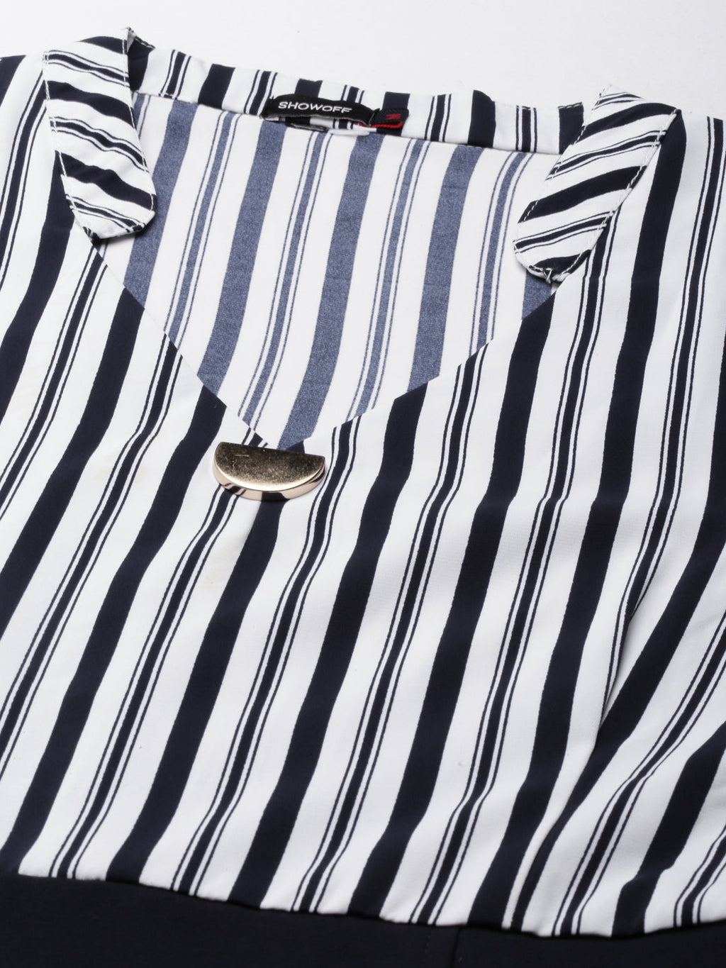 Women's Navy Blue Striped Mandarin Collar Puff Sleeves Sheath Dress