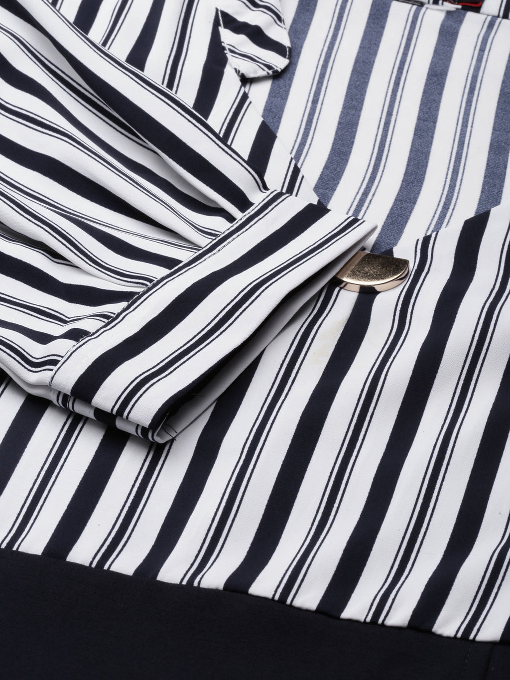 Women's Navy Blue Striped Mandarin Collar Puff Sleeves Sheath Dress