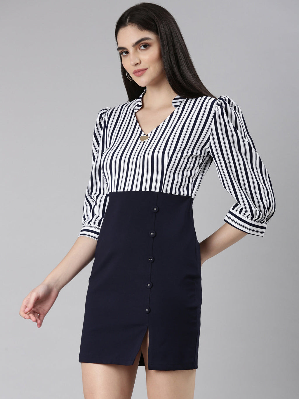 Women's Navy Blue Striped Mandarin Collar Puff Sleeves Sheath Dress