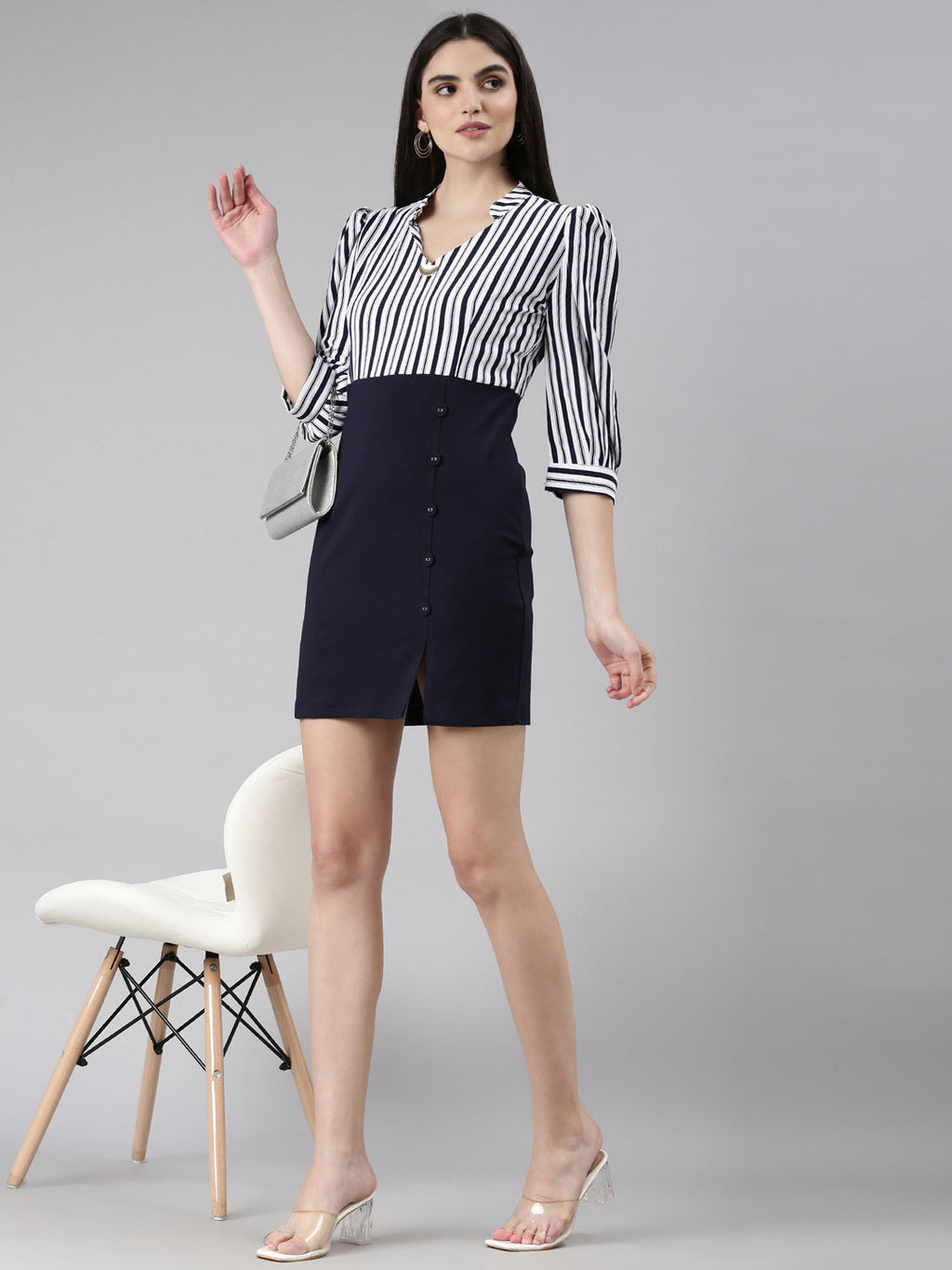 Women's Navy Blue Striped Mandarin Collar Puff Sleeves Sheath Dress