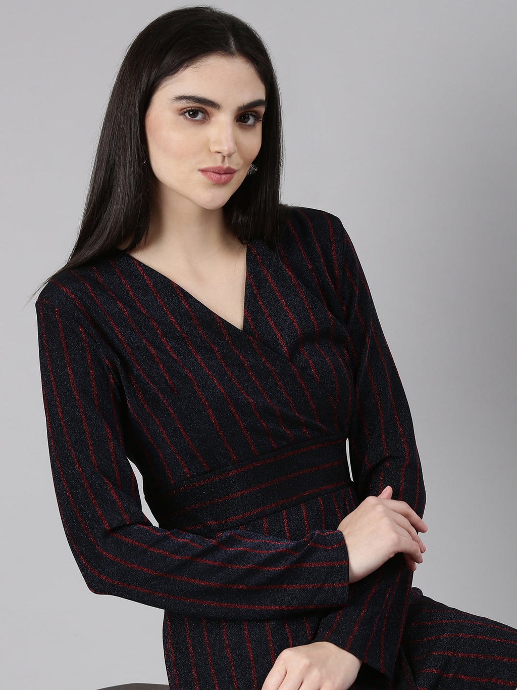 Women's Navy Blue V-Neck Striped Wrap Dress