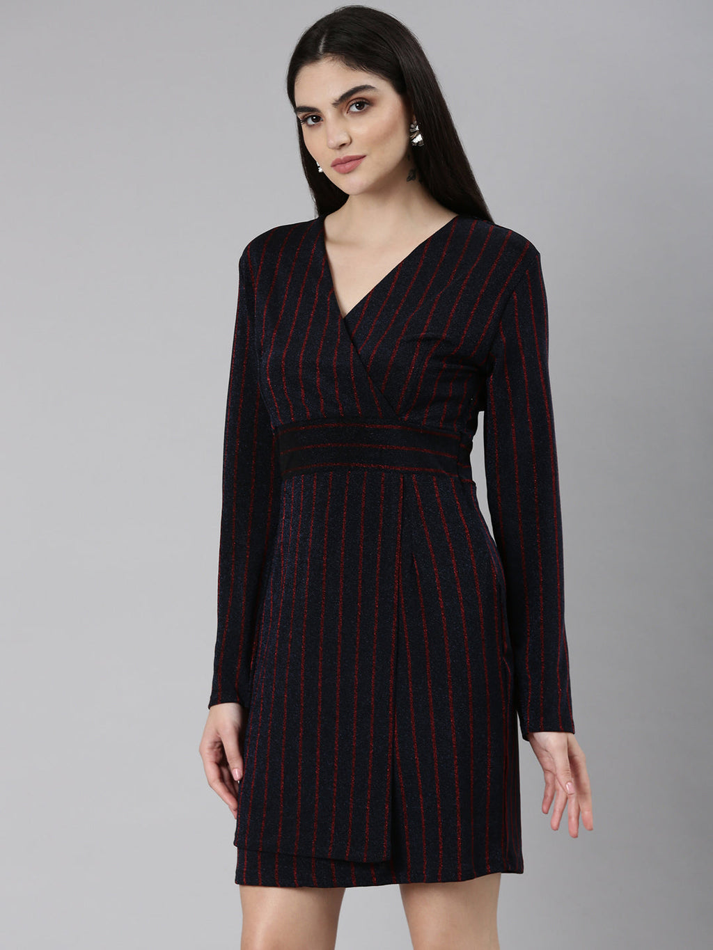 Women's Navy Blue V-Neck Striped Wrap Dress