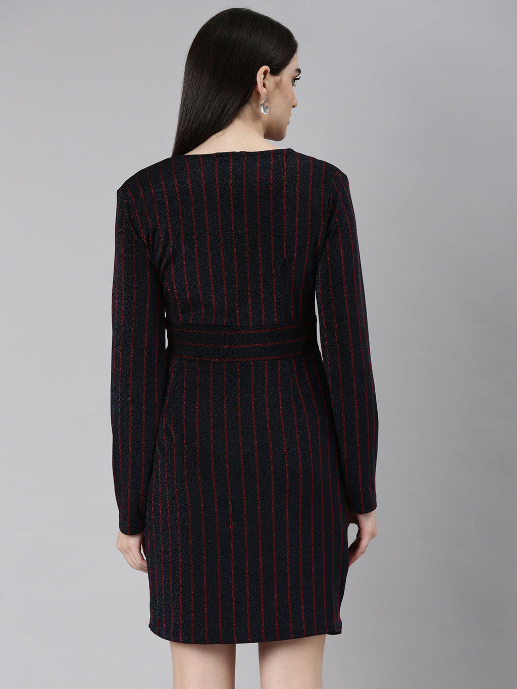 Women's Navy Blue V-Neck Striped Wrap Dress