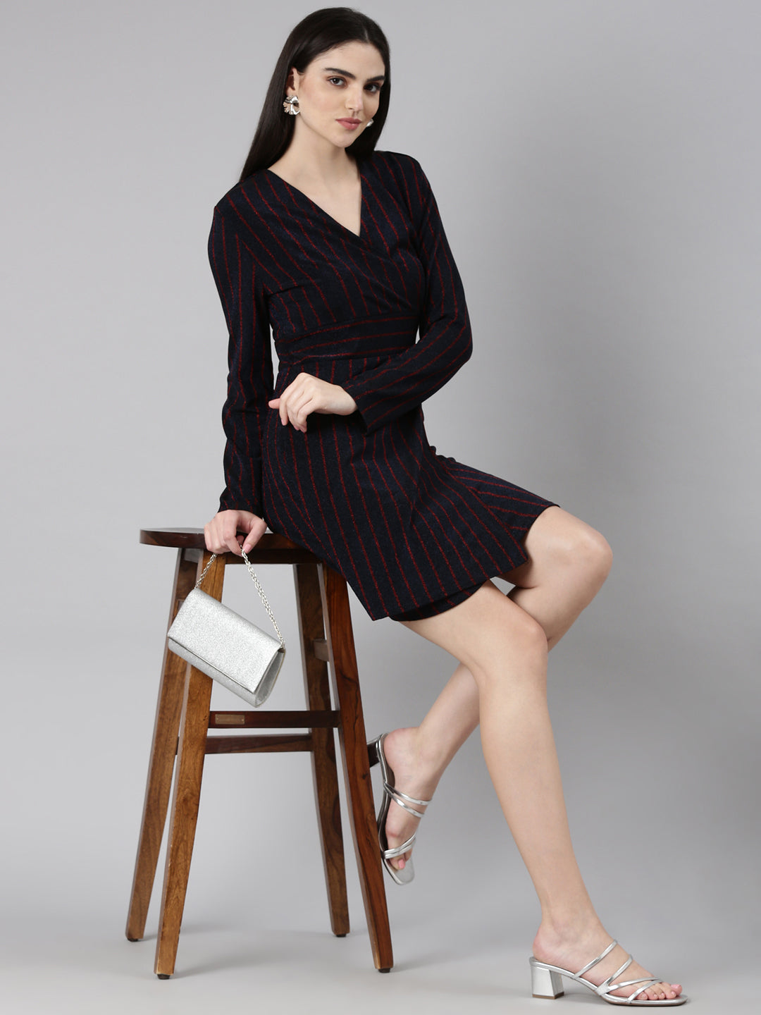 Women's Navy Blue V-Neck Striped Wrap Dress