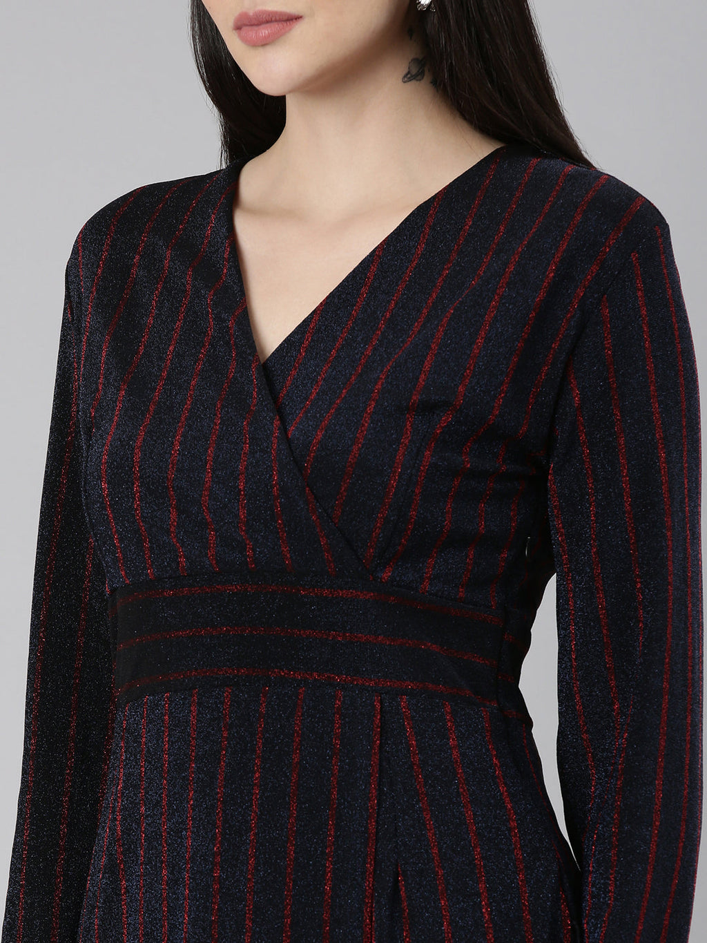 Women's Navy Blue V-Neck Striped Wrap Dress