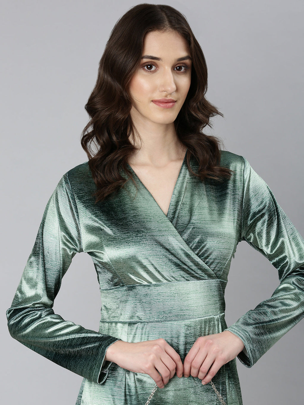 Women's Green V-Neck Long Sleeves Velvet Wrap Dress