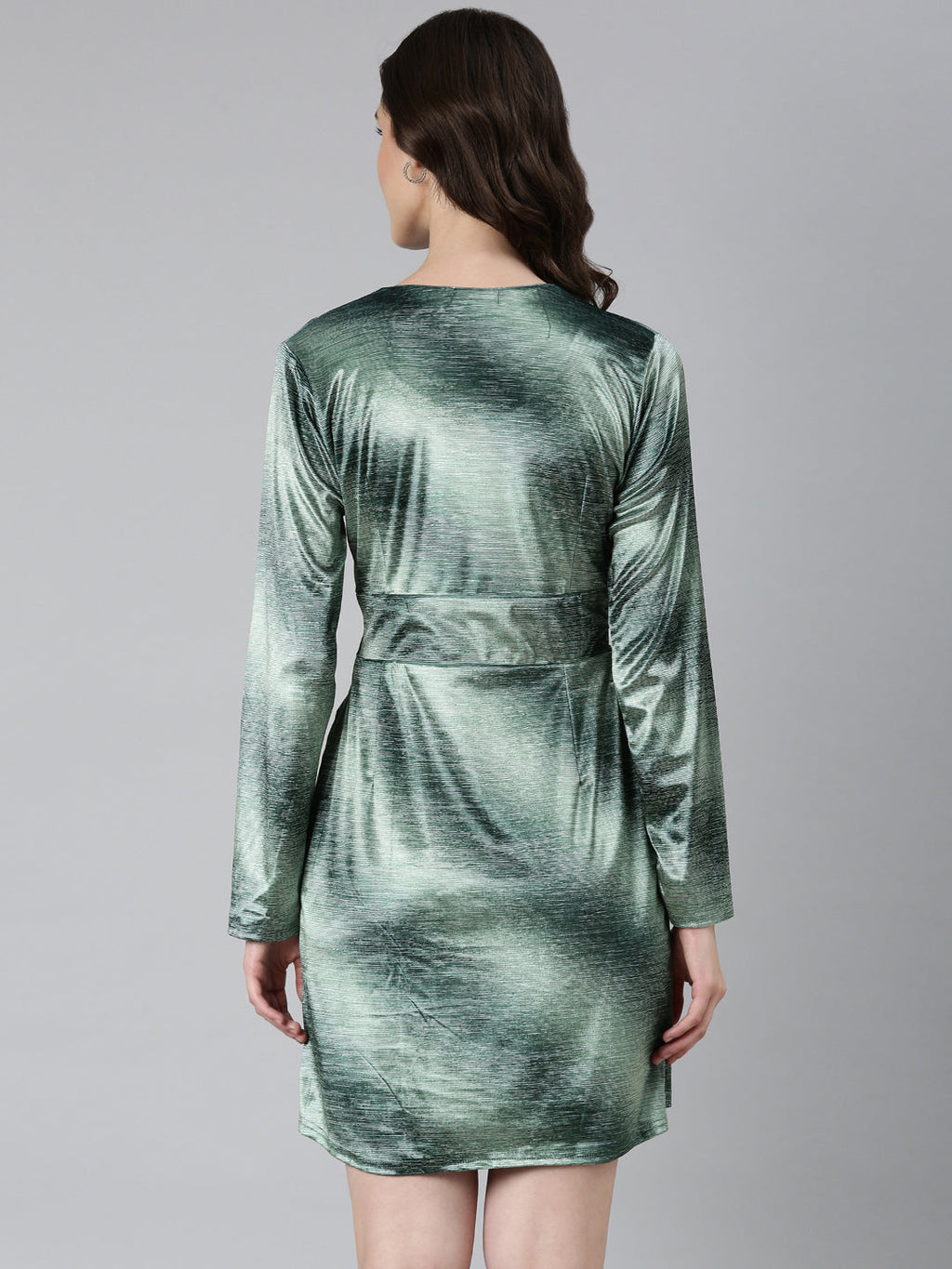 Women's Green V-Neck Long Sleeves Velvet Wrap Dress