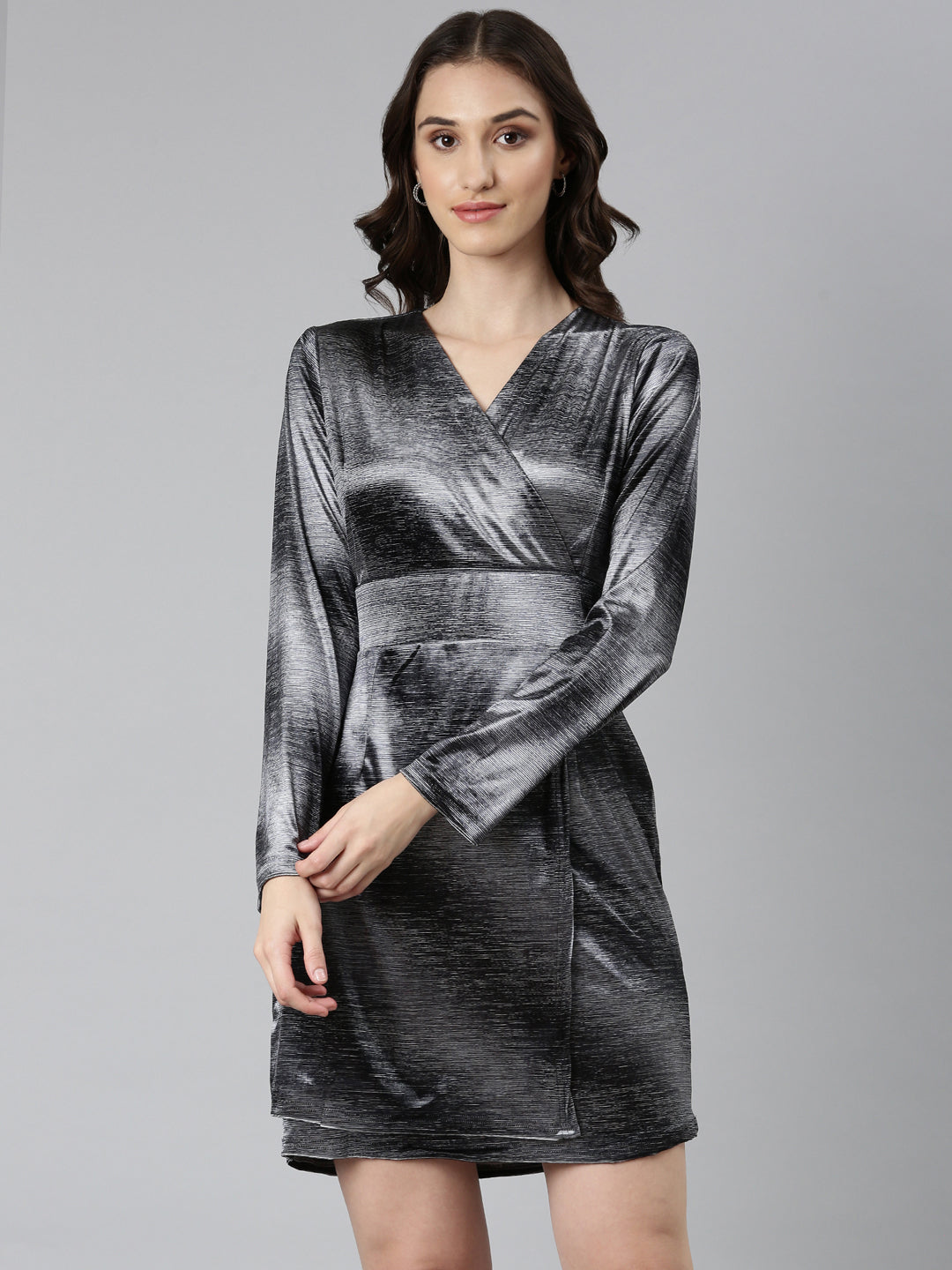 Women's Grey V-Neck Wrap Dress