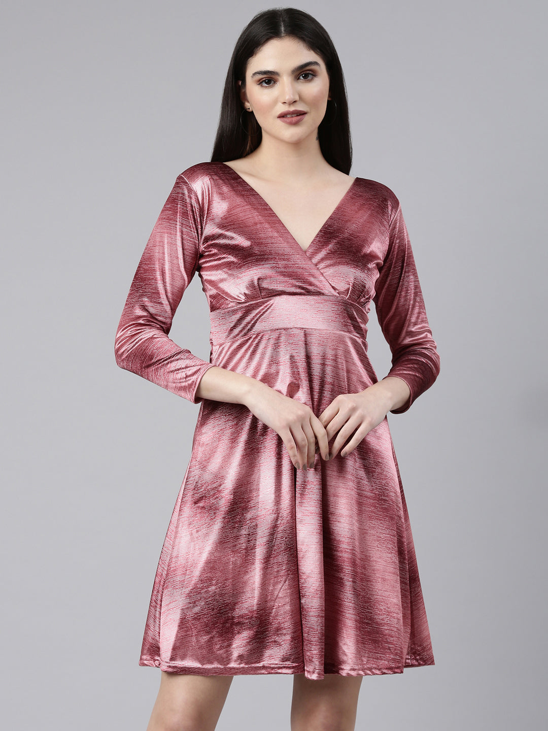 Women's Red V-Neck Velvet Casual Empire Dress