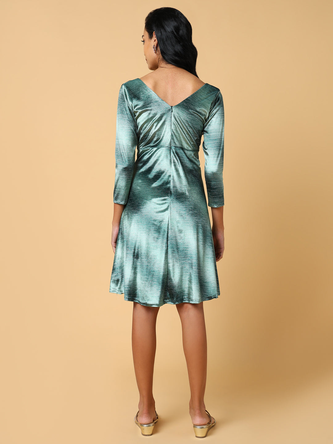Women's Green Tie & Dyed V-Neck Fit and Flare Dress