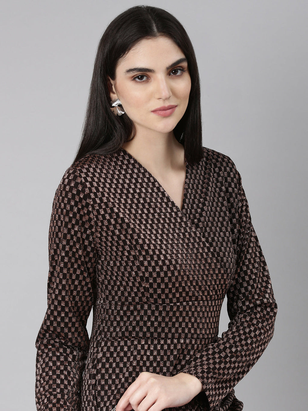 Women's Black Geometric Printed V-Neck Layered Sheath Dress