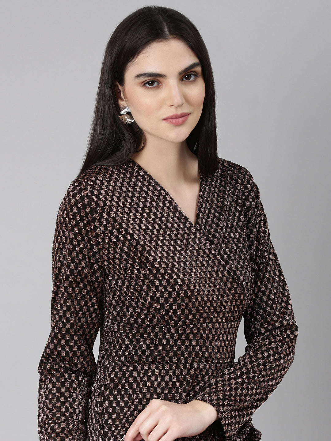 Women's Black Geometric Printed V-Neck Layered Sheath Dress