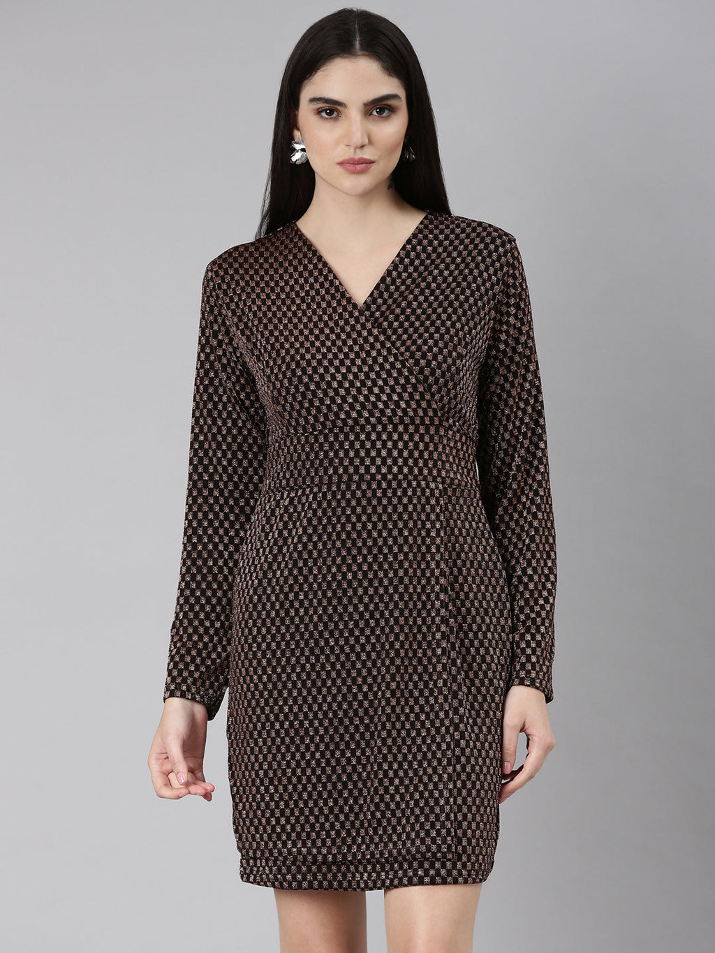 Women's Black Geometric Printed V-Neck Layered Sheath Dress