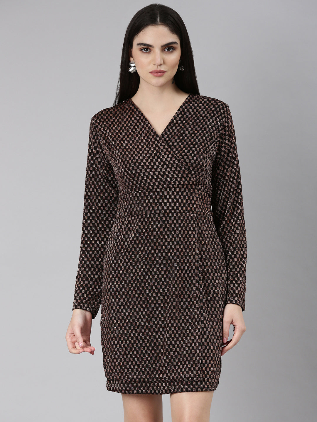 Women's Black Geometric Printed V-Neck Layered Sheath Dress
