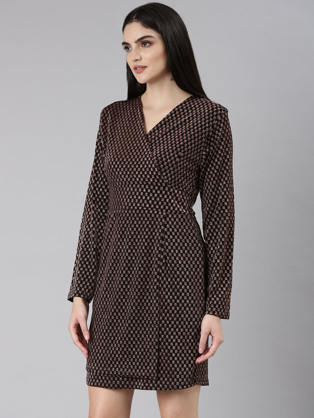 Women's Black Geometric Printed V-Neck Layered Sheath Dress