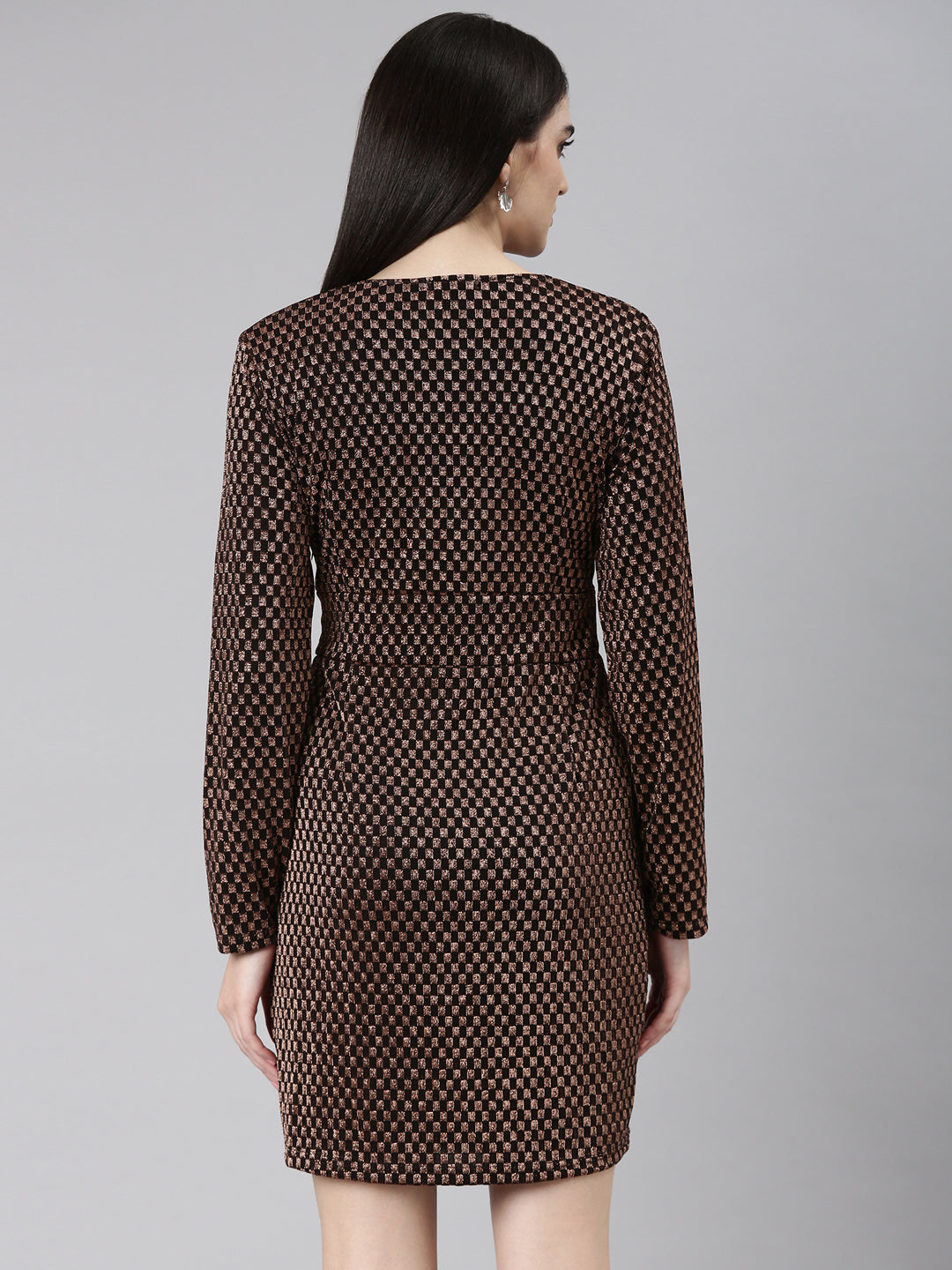 Women's Black Geometric Printed V-Neck Layered Sheath Dress