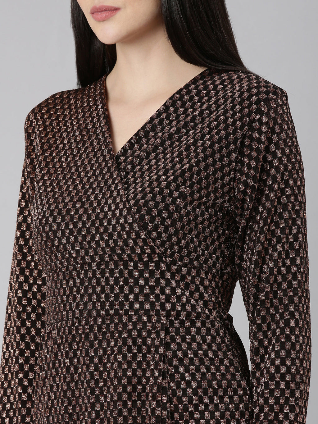 Women's Black Geometric Printed V-Neck Layered Sheath Dress