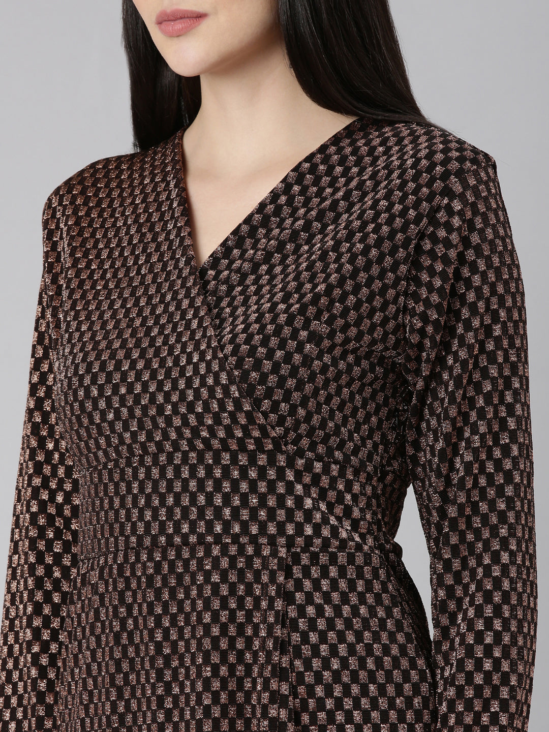 Women's Black Geometric Printed V-Neck Layered Sheath Dress