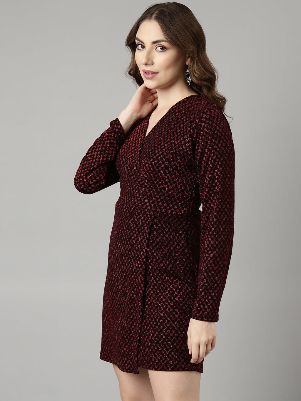 Women's Red Geometric Print V-Neck Full Sleeves Wrap Mini Party Dress