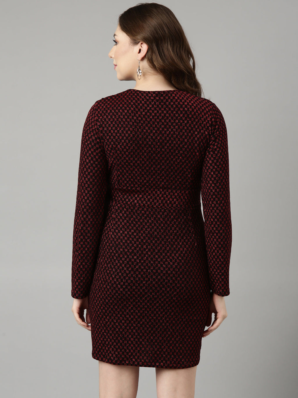 Women's Red Geometric Print V-Neck Full Sleeves Wrap Mini Party Dress