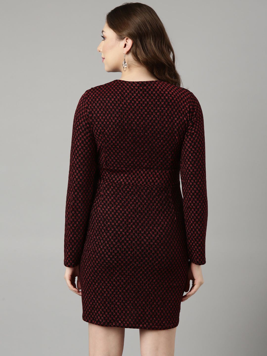 Women's Red Geometric Print V-Neck Full Sleeves Wrap Mini Party Dress