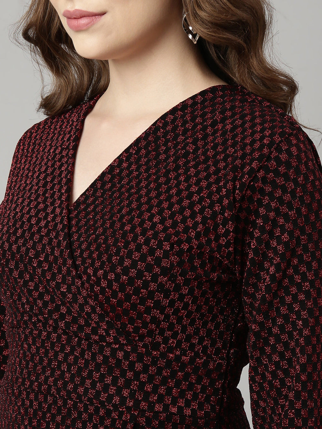 Women's Red Geometric Print V-Neck Full Sleeves Wrap Mini Party Dress