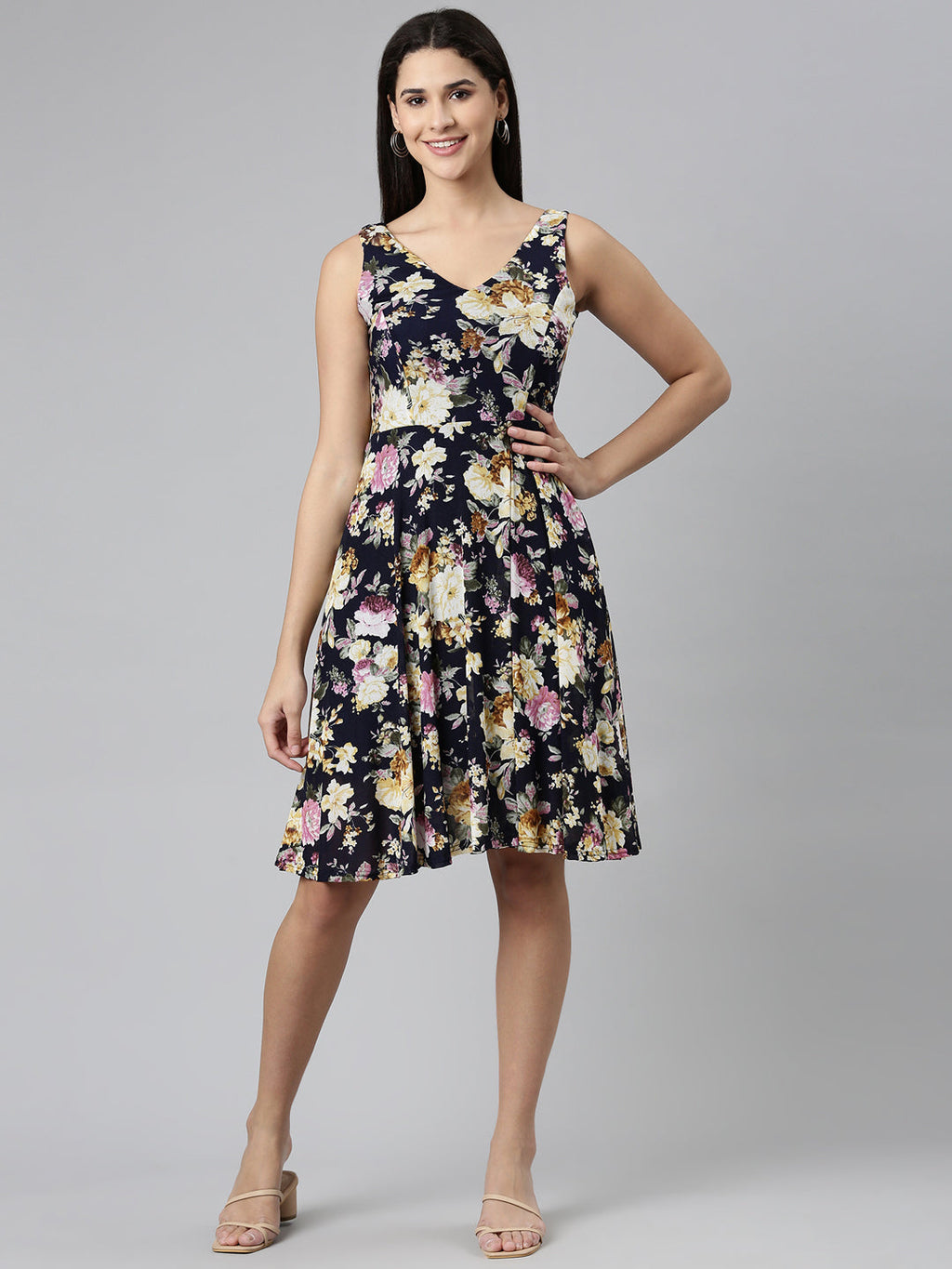 Women's Navy Blue Floral Printed Fit & Flare Dress