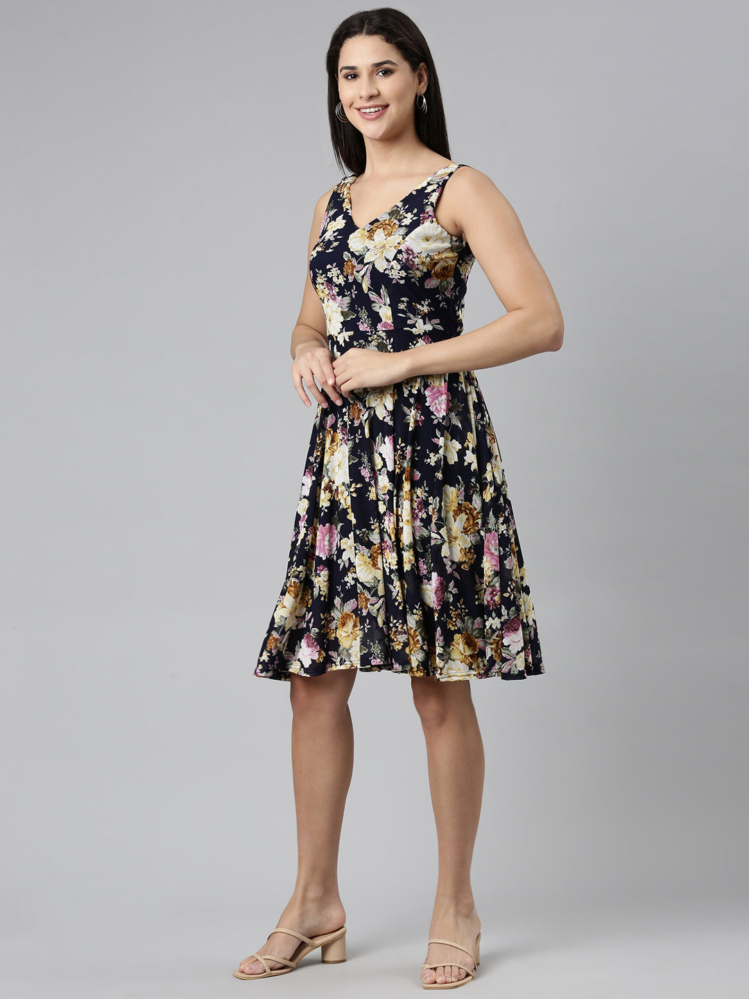 Women's Navy Blue Floral Printed Fit & Flare Dress