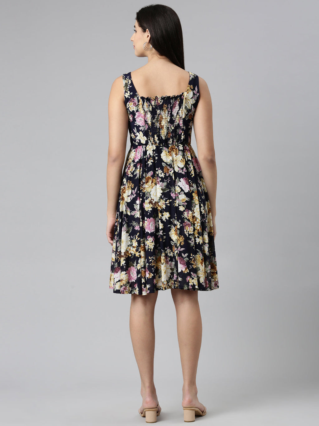 Women's Navy Blue Floral Printed Fit & Flare Dress