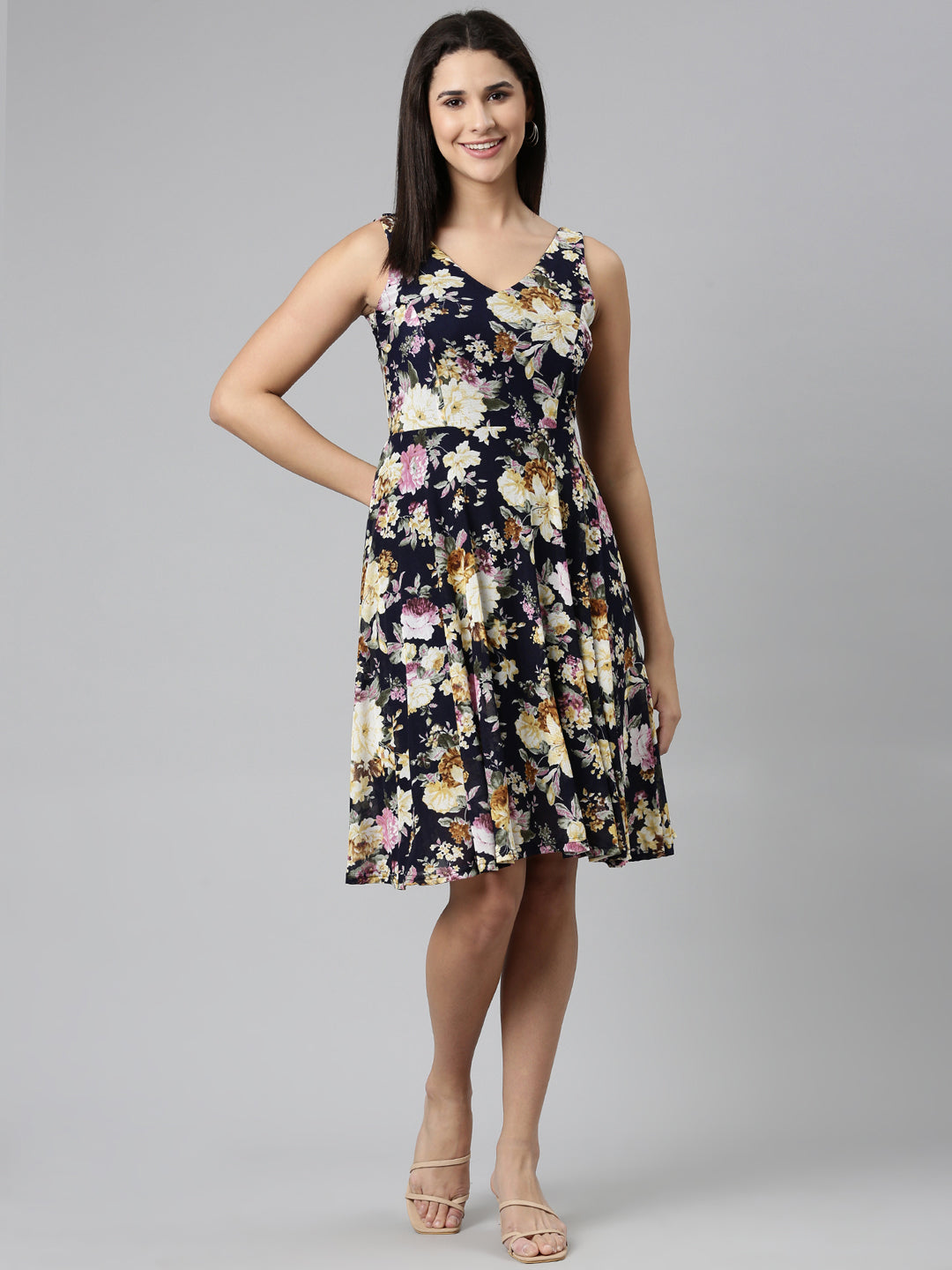 Women's Navy Blue Floral Printed Fit & Flare Dress