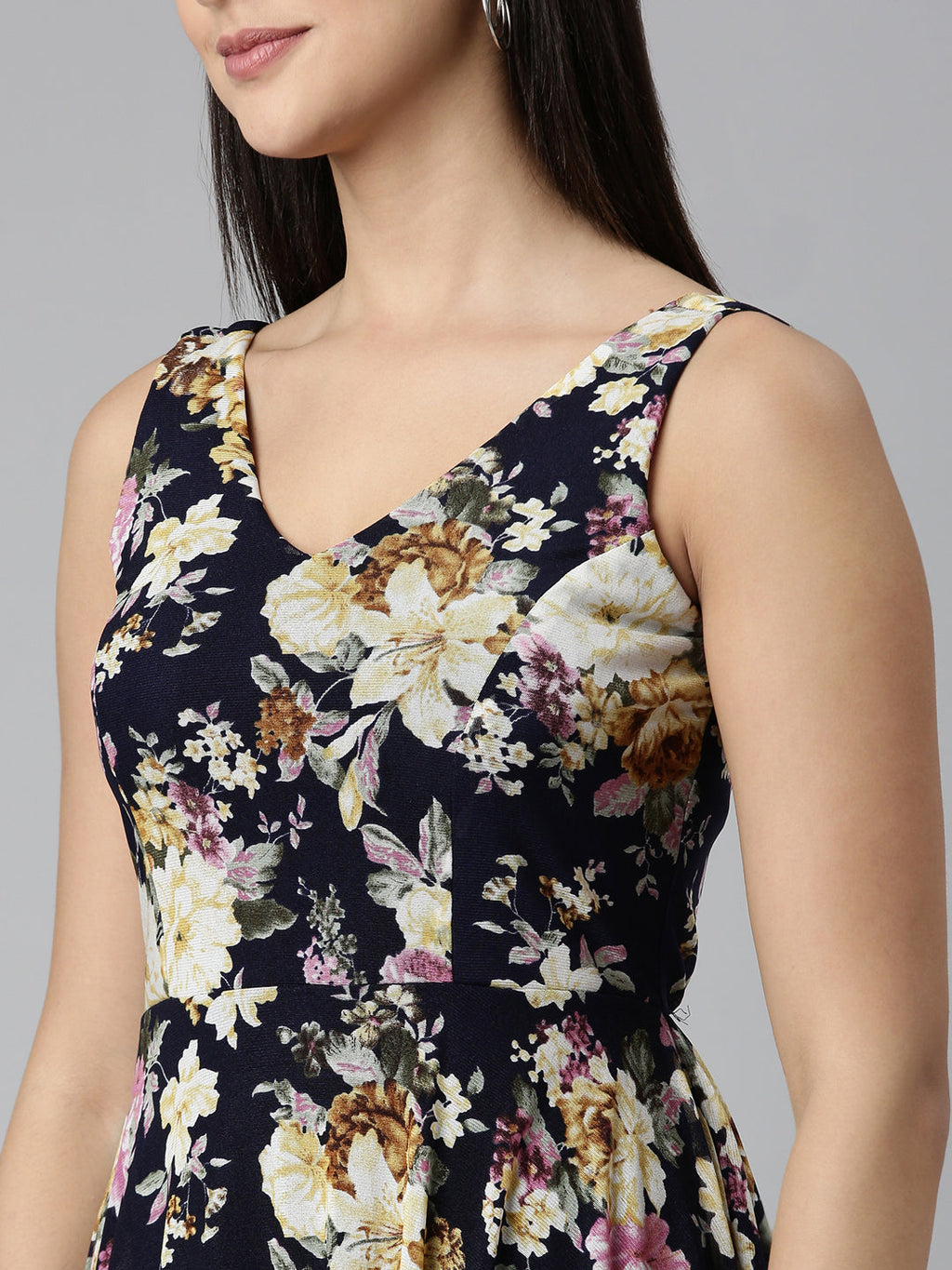 Women's Navy Blue Floral Printed Fit & Flare Dress