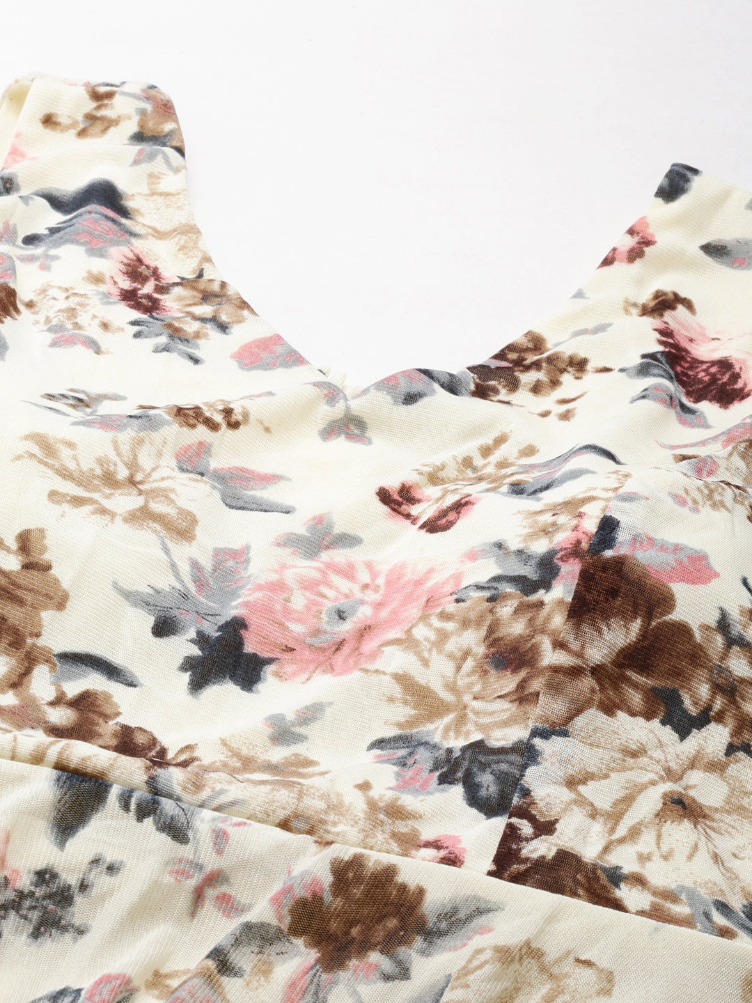 Women's Cream Floral Printed V-Neck Smocked Detailed Fit and Flare Dress