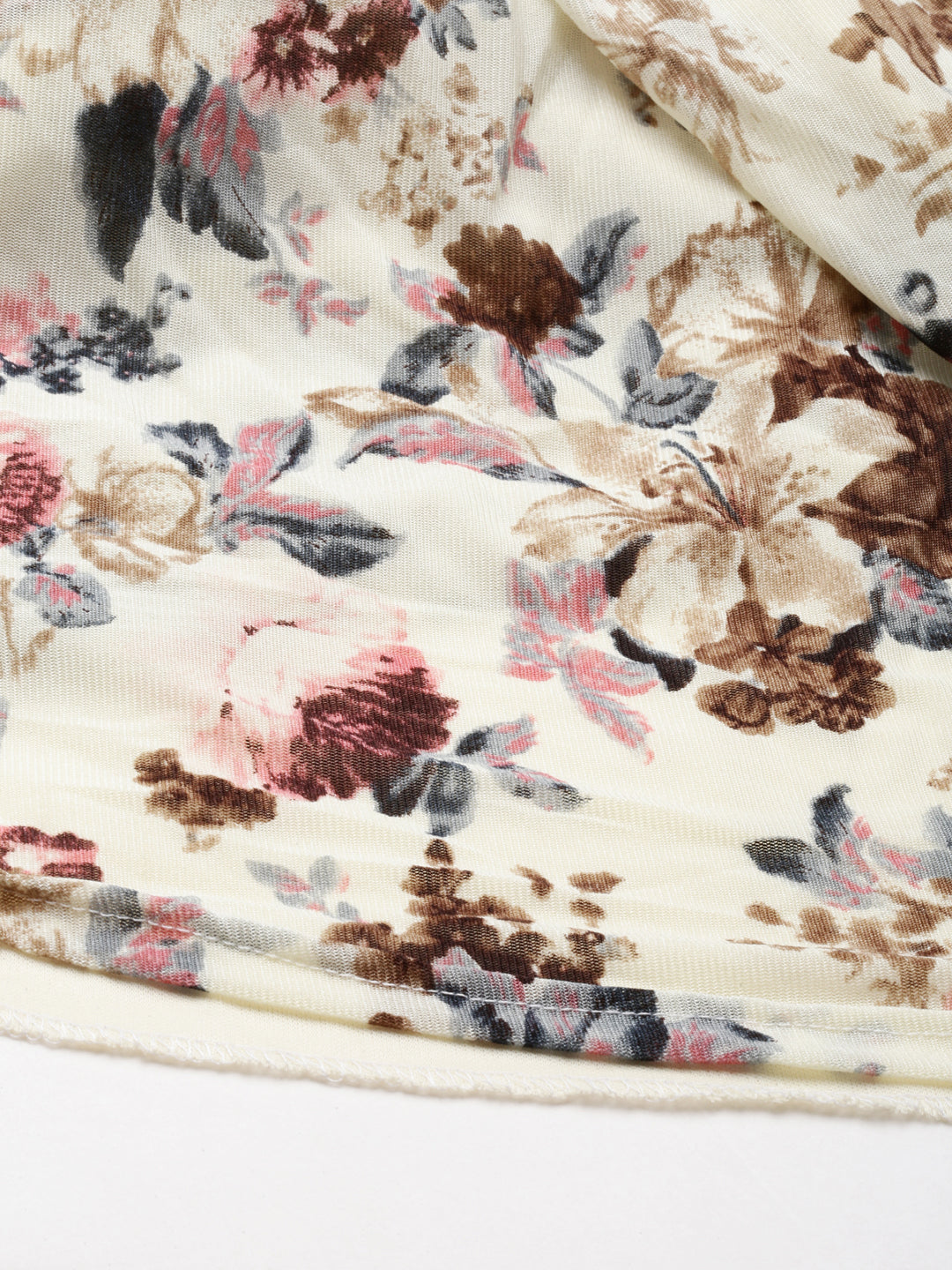 Women's Cream Floral Printed V-Neck Smocked Detailed Fit and Flare Dress