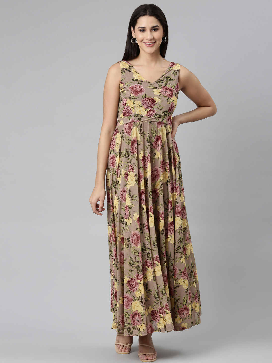 Women's Taupe Floral Printed Smocked Fit & Flare Maxi Dress