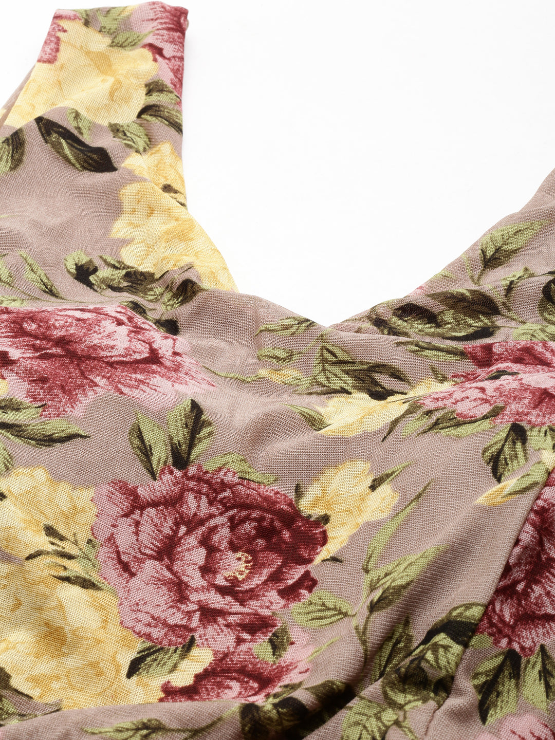 Women's Taupe Floral Printed Smocked Fit & Flare Maxi Dress