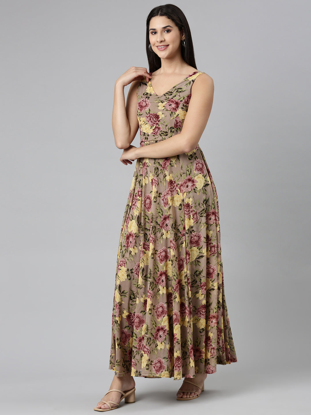 Women's Taupe Floral Printed Smocked Fit & Flare Maxi Dress