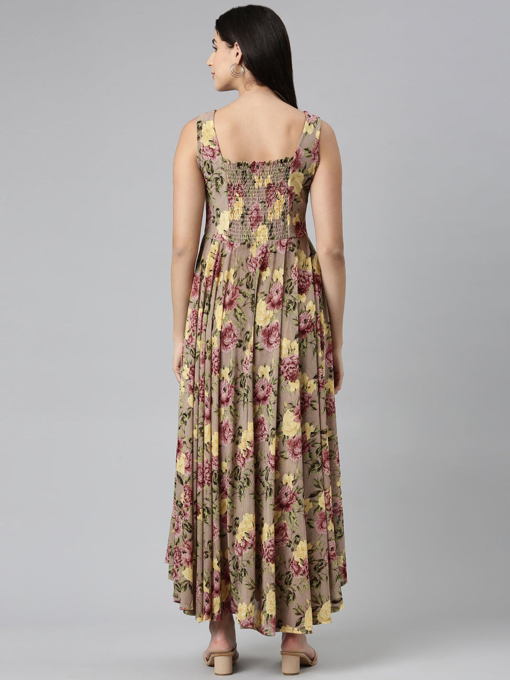 Women's Taupe Floral Printed Smocked Fit & Flare Maxi Dress